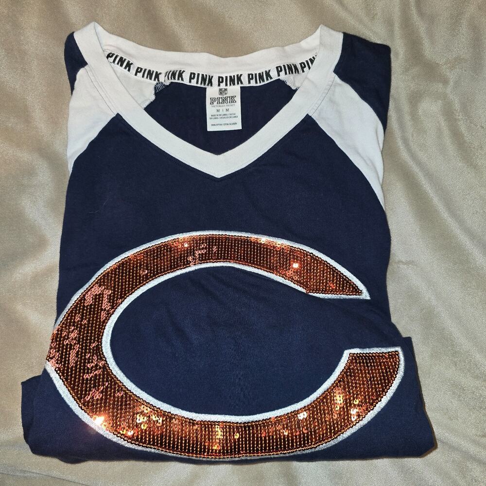 EUC Pink Victoria Secret NFL Collection Chicago Bears LS Sequin Logo Women's Med - Picture 2 of 3